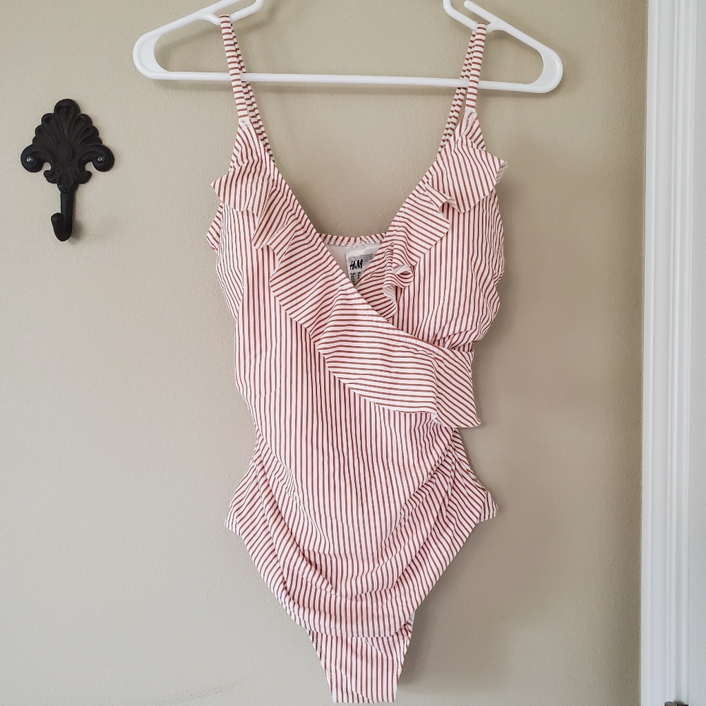 H&M Brown and White Vertical Stripe Ruffle Plunge One Piece Swimsuit Size Small